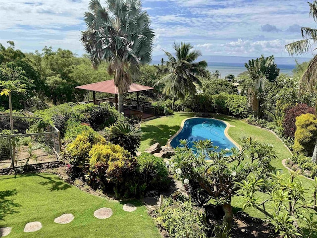 outdoor pool with a yard and a water view
