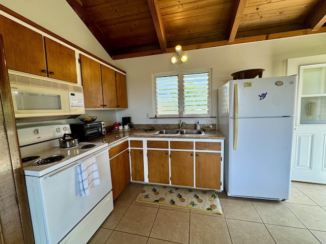 kitchen with white appliances, wood ceiling, a sink, light tile patterned floors, and brown cabinets