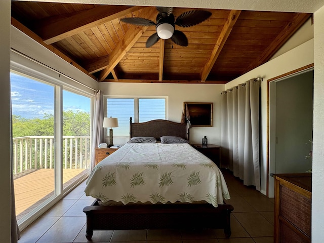 tiled bedroom featuring access to outside, wooden ceiling, and ceiling fan