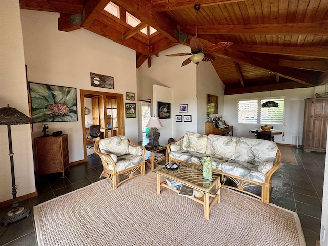 living room with a ceiling fan, wood ceiling, high vaulted ceiling, beam ceiling, and dark tile patterned floors