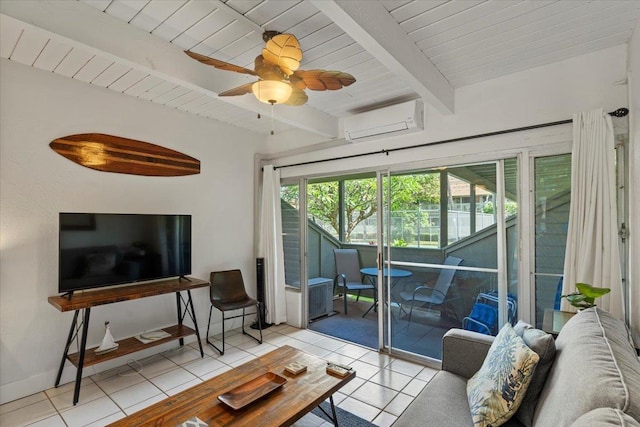 tiled living room with ceiling fan, wood ceiling, beamed ceiling, and a wall mounted AC