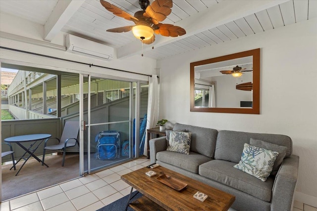 tiled living room with wood ceiling, ceiling fan, beam ceiling, and a wall mounted AC