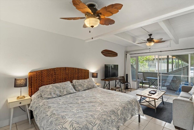 tiled bedroom featuring ceiling fan, beam ceiling, and access to exterior