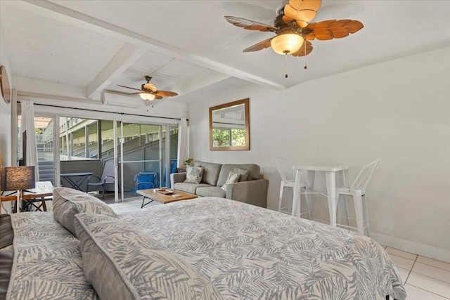 bedroom with ceiling fan, access to outside, beam ceiling, light tile patterned floors, and wood ceiling