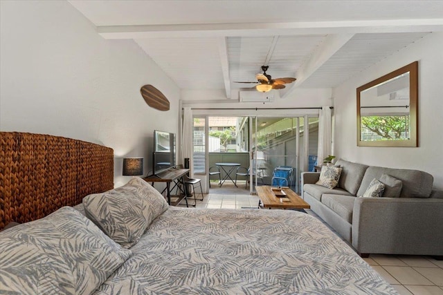 bedroom with beamed ceiling, light tile patterned floors, ceiling fan, and access to outside