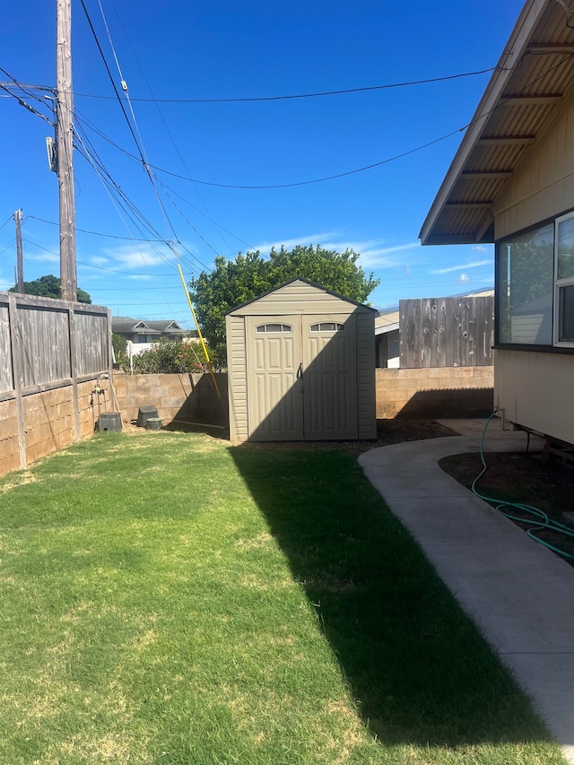 view of yard with a storage shed