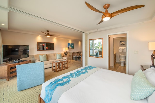 bedroom featuring connected bathroom and ceiling fan