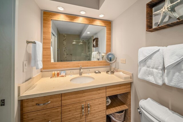 bathroom featuring vanity, toilet, and walk in shower