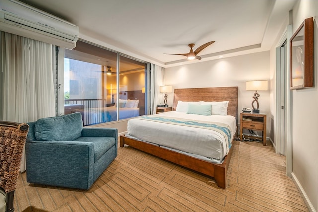 bedroom featuring light carpet, a wall mounted AC, and ceiling fan