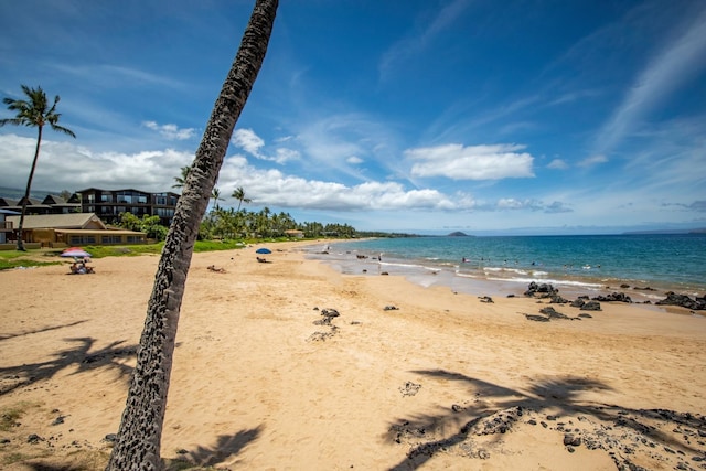 property view of water featuring a beach view