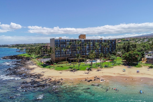 aerial view featuring a water view and a beach view