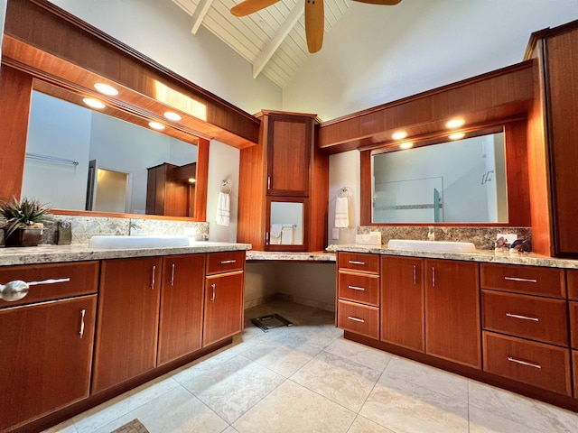 bathroom with ceiling fan, vanity, backsplash, beamed ceiling, and wood ceiling