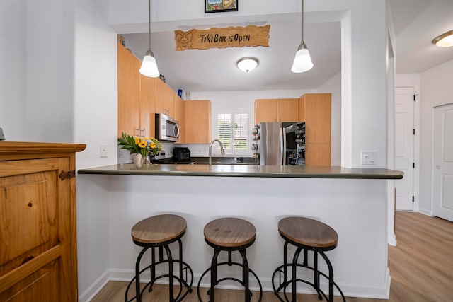 kitchen with hanging light fixtures, stainless steel appliances, light hardwood / wood-style floors, and kitchen peninsula