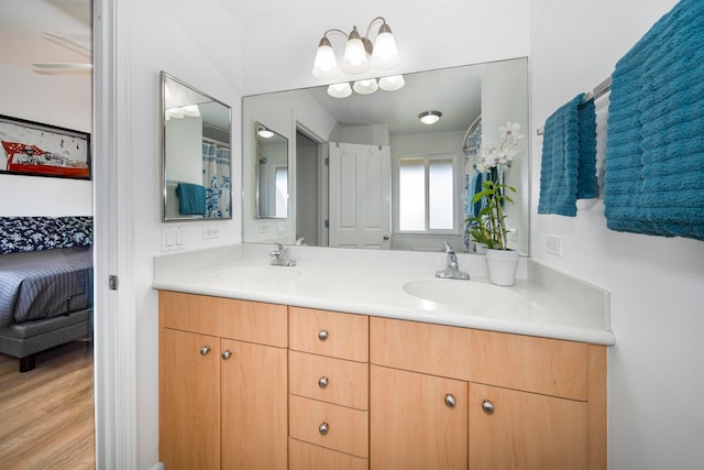 bathroom with vanity and hardwood / wood-style flooring