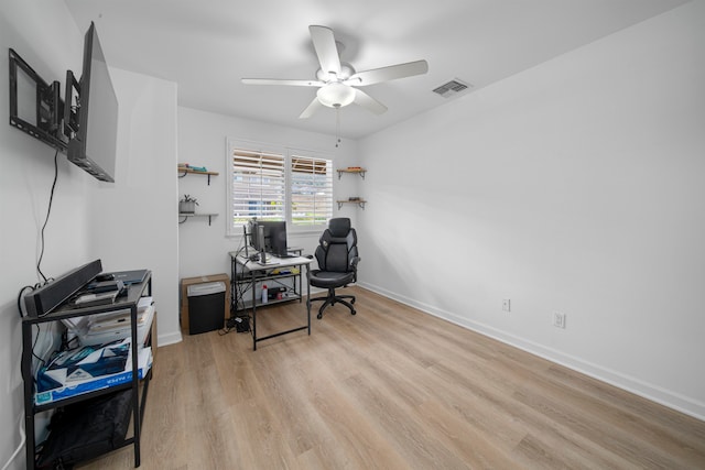 office area featuring light hardwood / wood-style floors and ceiling fan