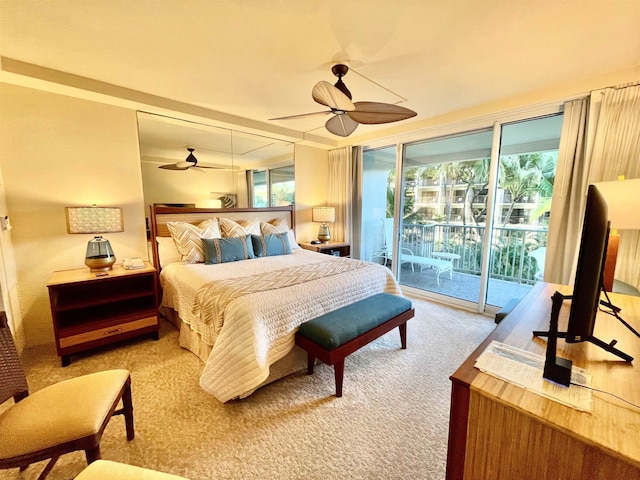 bedroom featuring ceiling fan, access to outside, and light carpet