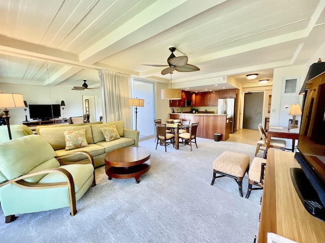 living room with light carpet, beam ceiling, ceiling fan, and wood ceiling