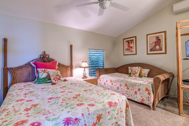 carpeted bedroom with a wall mounted air conditioner, ceiling fan, and lofted ceiling