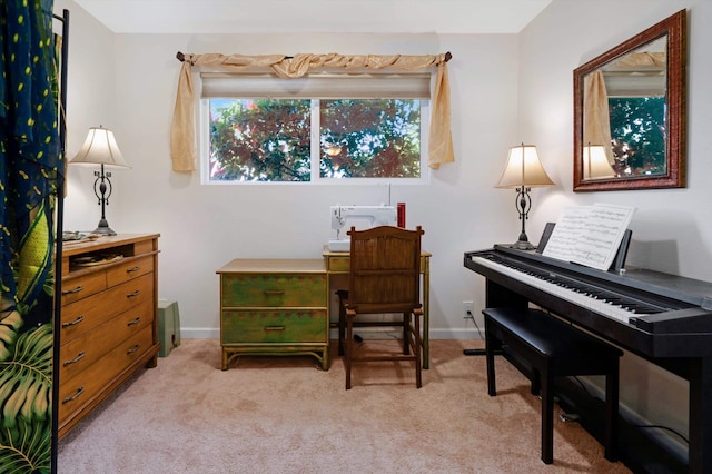 living area with light colored carpet and baseboards