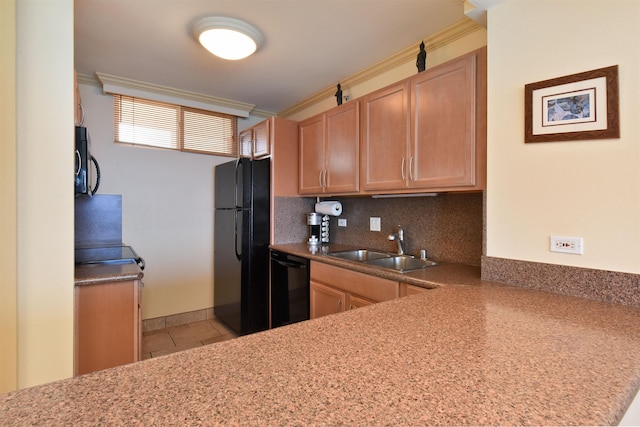 110 Kaanapali Shores Pl Unit 817, Lahaina, HI 96761 - kitchen featuring black appliances, a sink, light tile patterned flooring, crown molding, and decorative backsplash