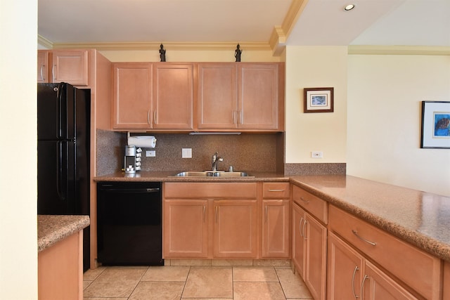 110 Kaanapali Shores Pl Unit 817, Lahaina, HI 96761 - kitchen featuring black appliances, a sink, backsplash, light brown cabinets, and crown molding