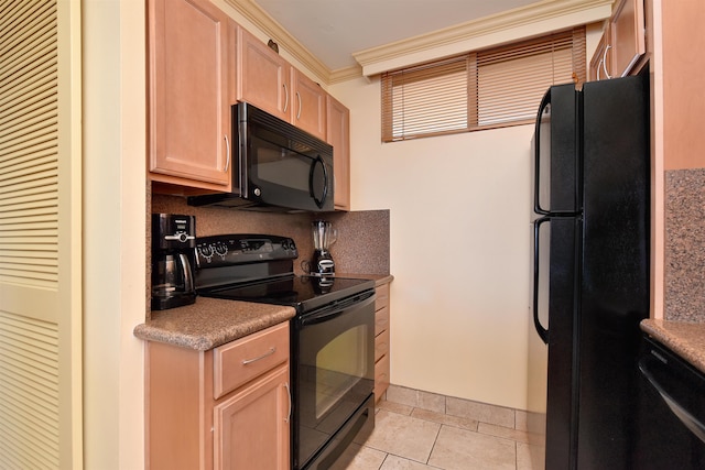110 Kaanapali Shores Pl Unit 817, Lahaina, HI 96761 - kitchen featuring black appliances, crown molding, a heating unit, light brown cabinets, and tasteful backsplash