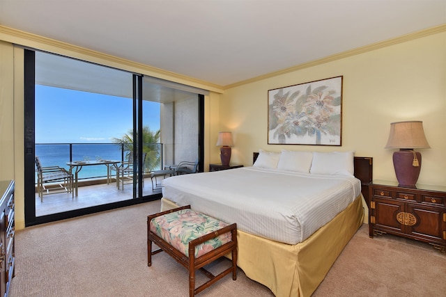 110 Kaanapali Shores Pl Unit 817, Lahaina, HI 96761 - bedroom with light carpet, access to outside, crown molding, a water view, and a wall of windows