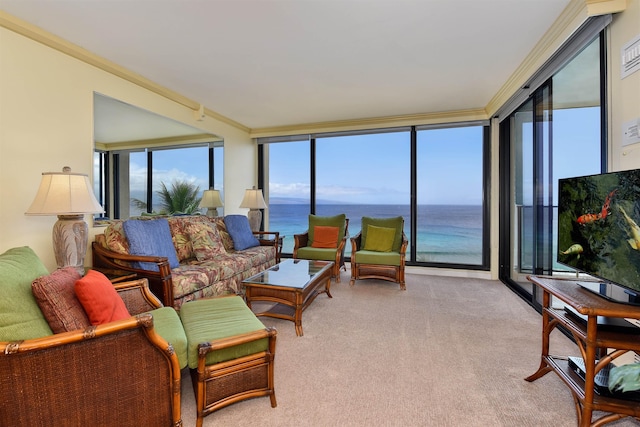110 Kaanapali Shores Pl Unit 817, Lahaina, HI 96761 - carpeted living room featuring crown molding and a wall of windows