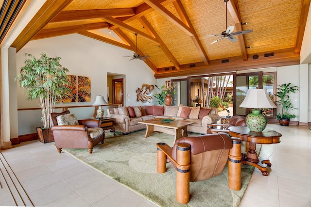 tiled living room featuring beam ceiling, high vaulted ceiling, and ceiling fan