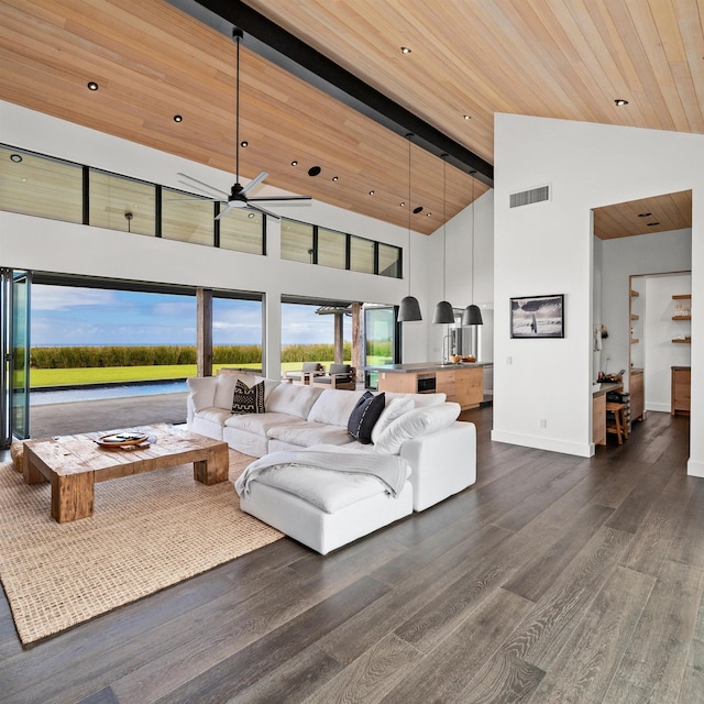 715 Laulama Pl Unit 45, Lahaina, HI 96761 - living room featuring high vaulted ceiling, baseboards, dark wood-style floors, ceiling fan, and wooden ceiling with exposed beams