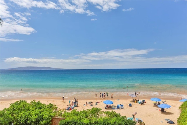 view of water feature with a beach view