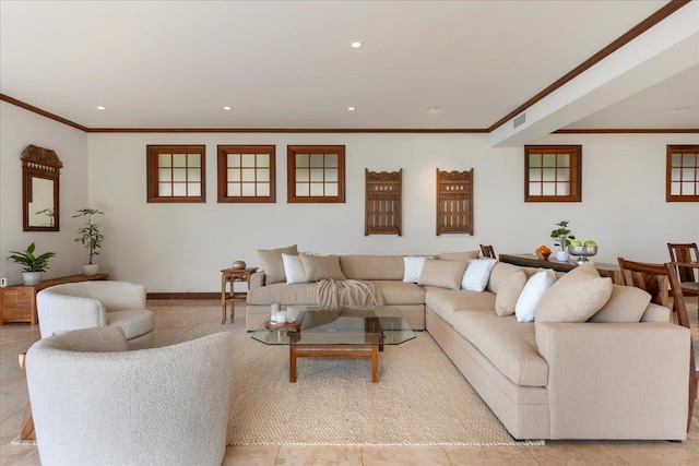 living room featuring light tile floors and crown molding