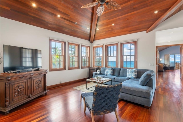 living room featuring high vaulted ceiling, dark hardwood / wood-style floors, ceiling fan, and wooden ceiling