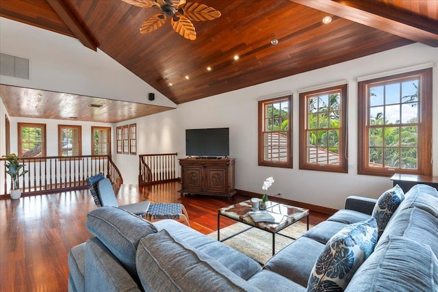 living room with wood ceiling, a wealth of natural light, and dark hardwood / wood-style flooring