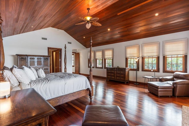 bedroom with ceiling fan, high vaulted ceiling, dark hardwood / wood-style floors, and wooden ceiling