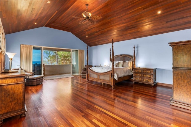 bedroom with access to exterior, high vaulted ceiling, dark hardwood / wood-style floors, and wooden ceiling