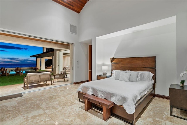 tiled bedroom featuring high vaulted ceiling and wood ceiling