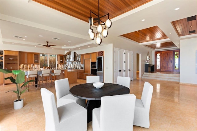 dining room with light tile patterned floors, ceiling fan, and wood ceiling