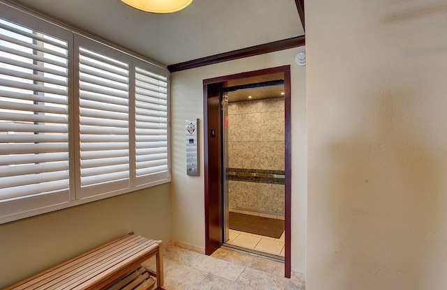 hall featuring elevator, crown molding, and a wealth of natural light