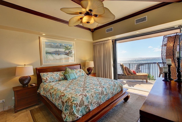 tiled bedroom with access to exterior, a water view, ceiling fan, and crown molding