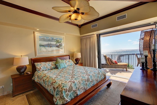 50 Hauoli St Unit 411, Wailuku, HI 96793 - bedroom with access to exterior, ornamental molding, a water view, and a ceiling fan