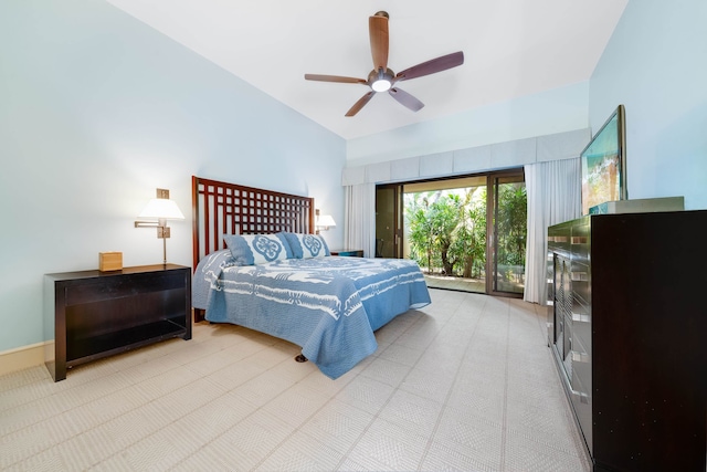 tiled bedroom with ceiling fan