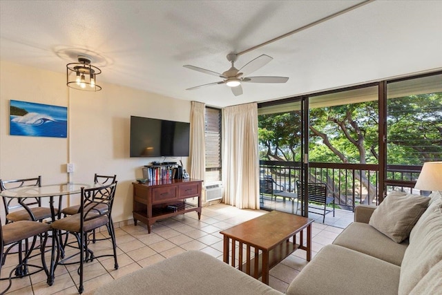 tiled living room featuring cooling unit and ceiling fan