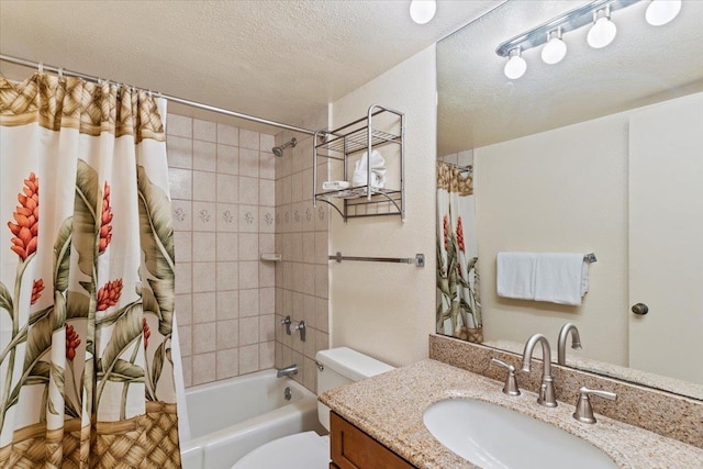 full bathroom featuring toilet, parquet flooring, vanity, a textured ceiling, and shower / bathtub combination with curtain