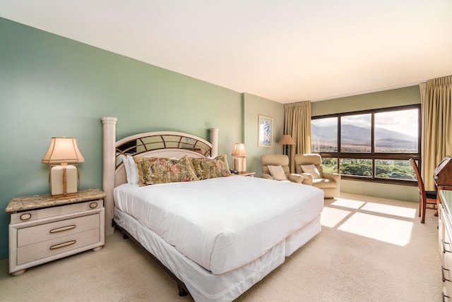 bedroom featuring a mountain view and light colored carpet