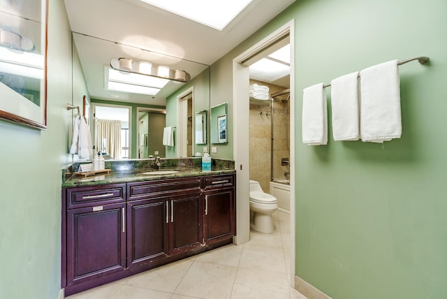 full bathroom with toilet, tile flooring, tiled shower / bath combo, and vanity