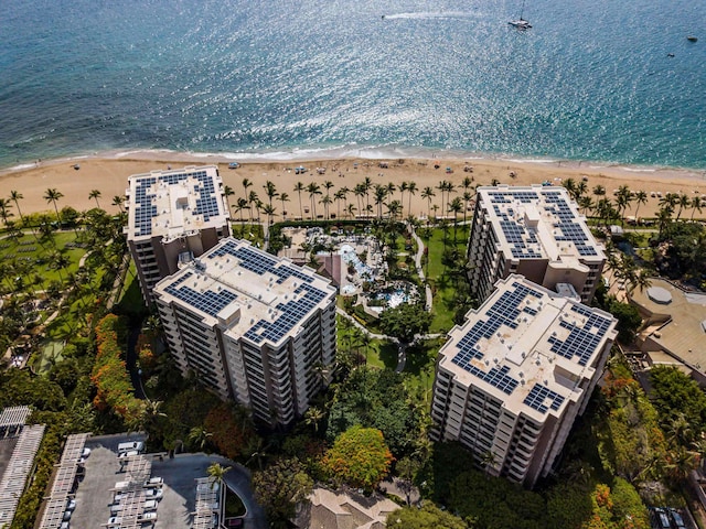 drone / aerial view with a view of the beach and a water view