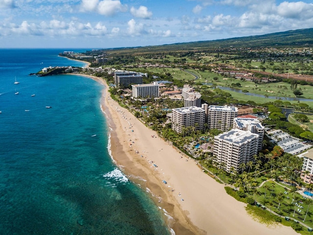 bird's eye view with a water view and a view of the beach