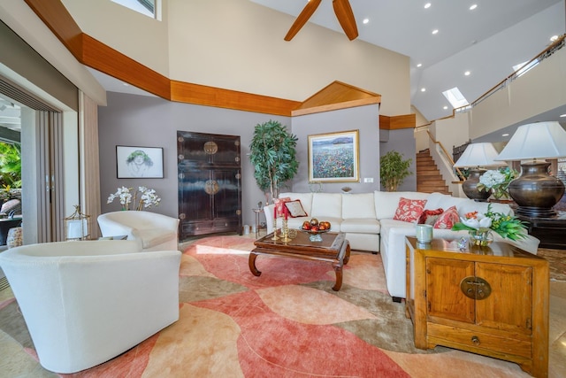 living room with a high ceiling