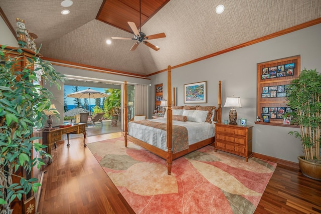 bedroom featuring crown molding, ceiling fan, and wooden ceiling